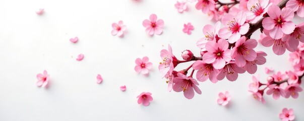 Colorful array of cherry blossoms scattered on white canvas, cherry blossoms, bloom