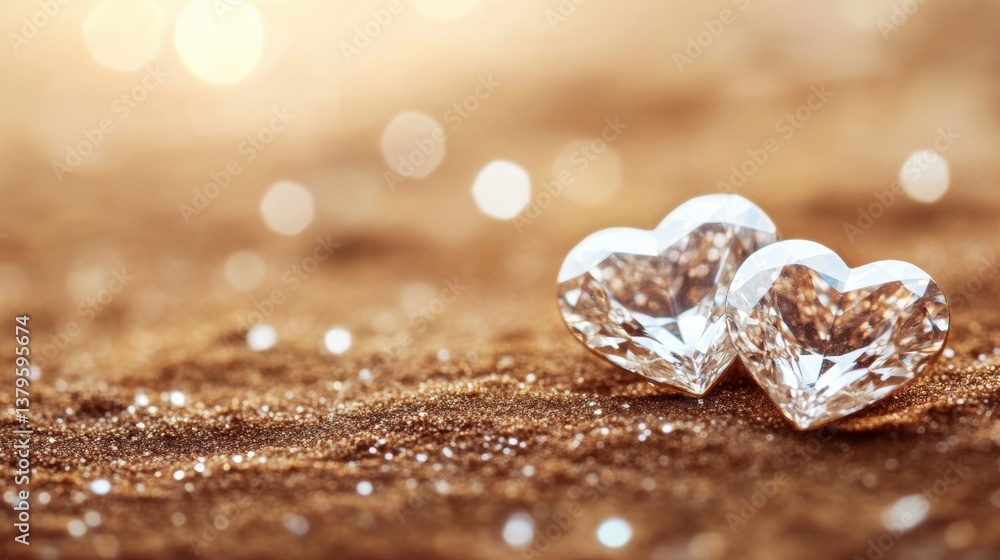 Poster two heart-shaped crystals rest on a shimmering golden surface, capturing light and creating a romant