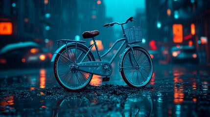 Rainy City Bicycle, Urban Scene, Wet Streets, Reflection, Transportation