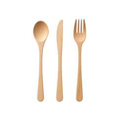 Wooden cutlery set on white isolate background