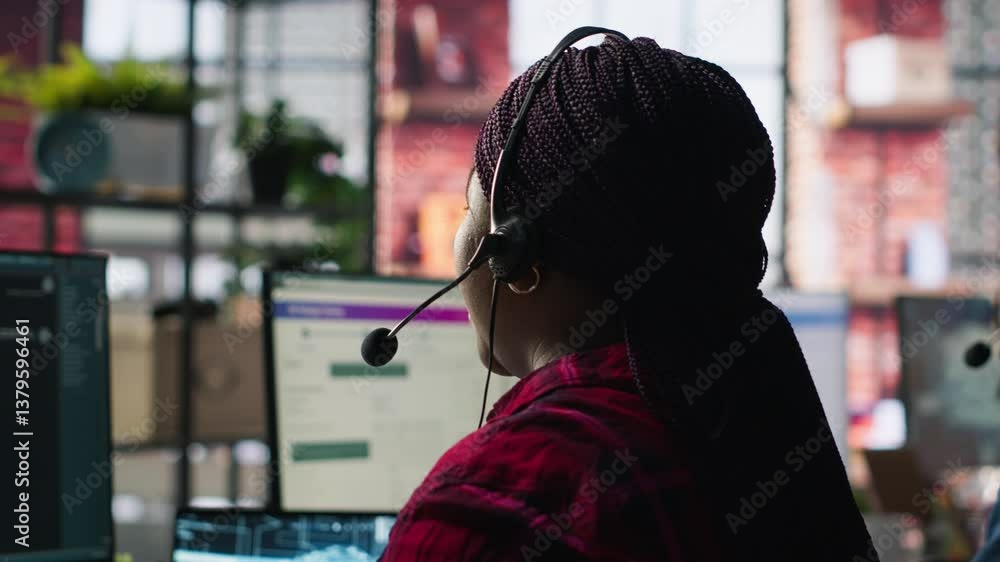 Poster call center worker in office using ai chatbot to provide quick replies to common customer queries. w