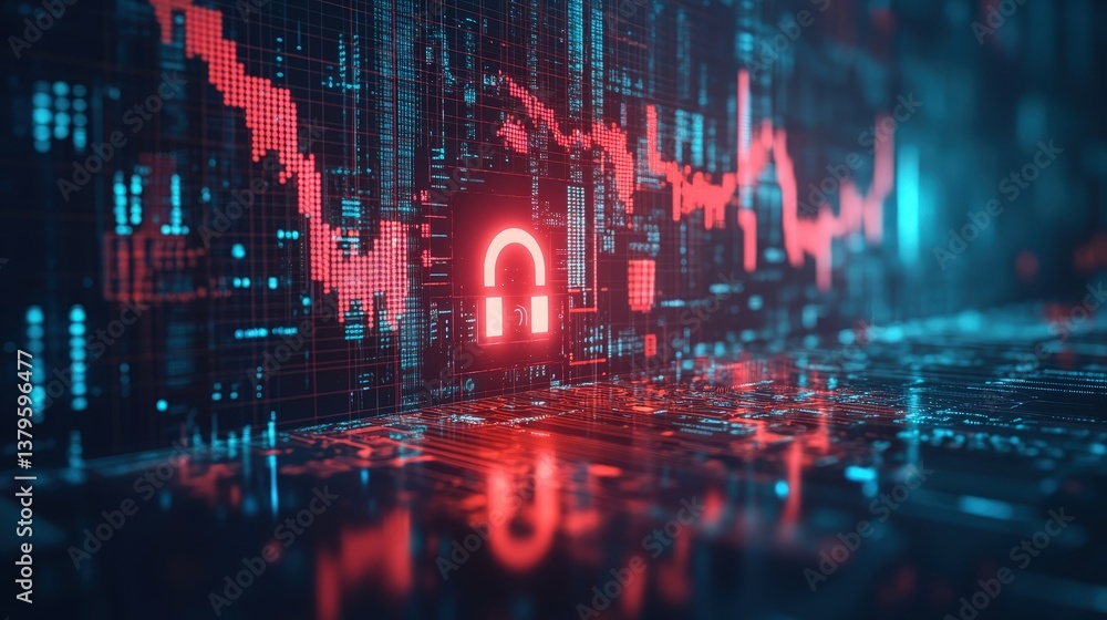 Aufkleber a futuristic digital landscape featuring a red padlock, symbolizing cybersecurity, surrounded by dat