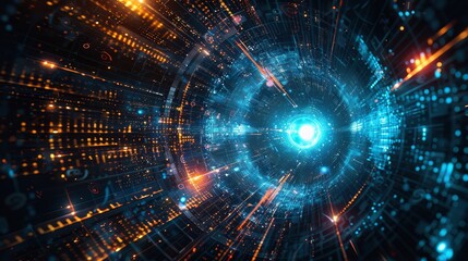 Obraz premium World Portal - Futuristic tunnel, data stream, glowing portal, technological advancement, gateway. Symbolizing innovation, connection, speed, exploration, and the future