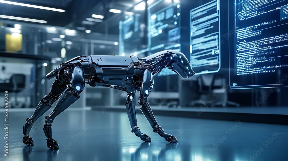 Aufkleber futuristic robotic dog walking in a high-tech environment filled with glowing screens and digital da