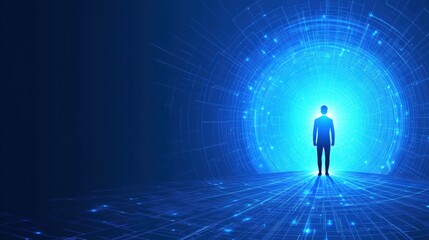Fototapeta premium Silhouette of a Person Standing Before a Glowing Blue Digital Tunnel