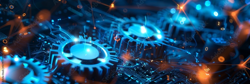 Poster advanced technology gears and circuits - close-up of intricate gears and circuits, glowing with blue