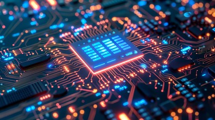 Obraz premium Advanced Microchip Technology Analysis - Exploring the intricacies of microchip design, processing power, data flow, technological advancement, and future implications