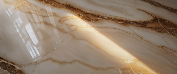 Polished beige and brown marble surface with dramatic light and dark veining under natural window light  
