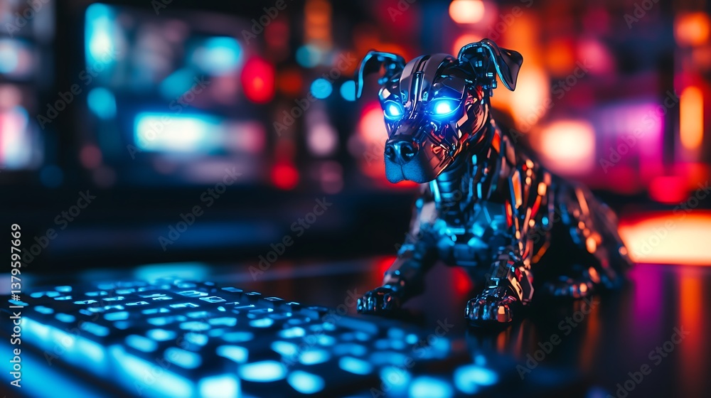 Poster a futuristic robotic dog with glowing blue eyes sitting in front of a computer keyboard in a vibrant