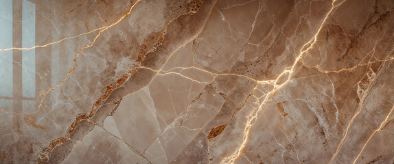Elegant brown marble surface with glowing golden veining and natural stone texture under soft lighting  
