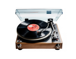 A vinyl record player with a spinning record, on white background, on transparent background png