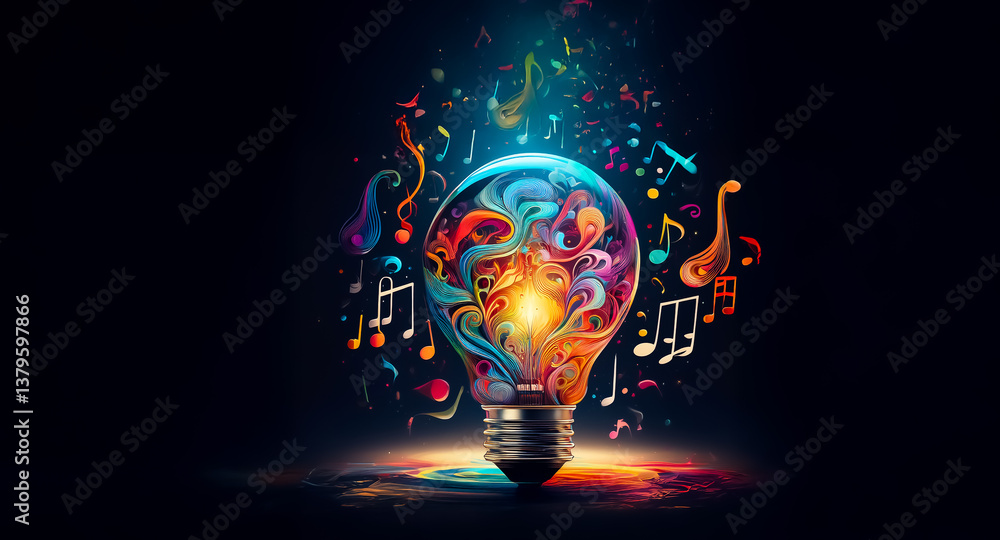 Canvas Prints a glowing light bulb radiates colorful musical notes and swirls of light against a dark backdrop. th