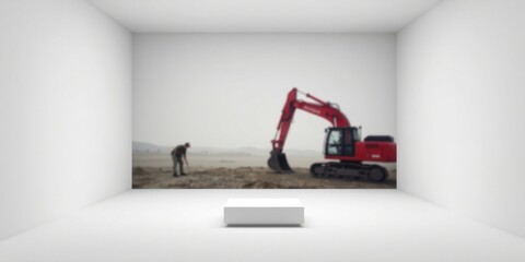 Fototapeta premium A minimalist white room features a blurred backdrop of heavy machinery and a lone worker, with a pristine white pedestal in the foreground, suggesting themes of industry, labor, and contemplation.