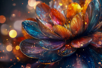 Vibrant, abstract floral background with soft bokeh lights and rich, colorful colors.