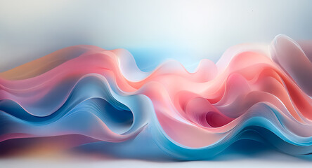 Fototapeta premium Fluid, wavy layers of pink and blue hues intertwine, forming a gentle, abstract and visually appealing design.