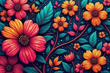 Intricate line art blooms, dense & vibrant, endlessly repeating , surface, repeat