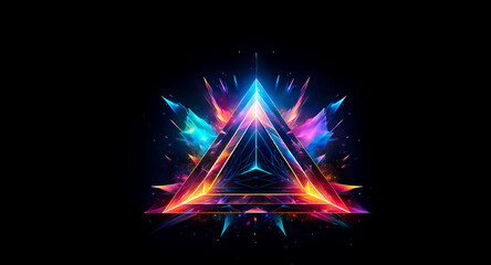 A luminous abstract triangle bursts with neon colors against a dark background. The symmetrical design features vibrant hues of blue, purple, orange, and yellow, creating a glowing effect.