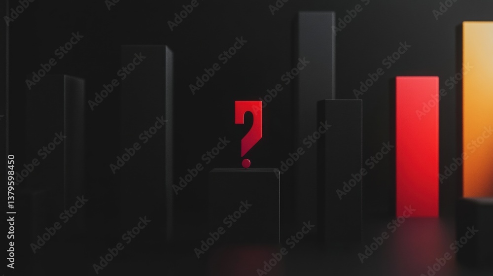 Poster a series of black and colored blocks are arranged in a dark setting, featuring a prominent red quest
