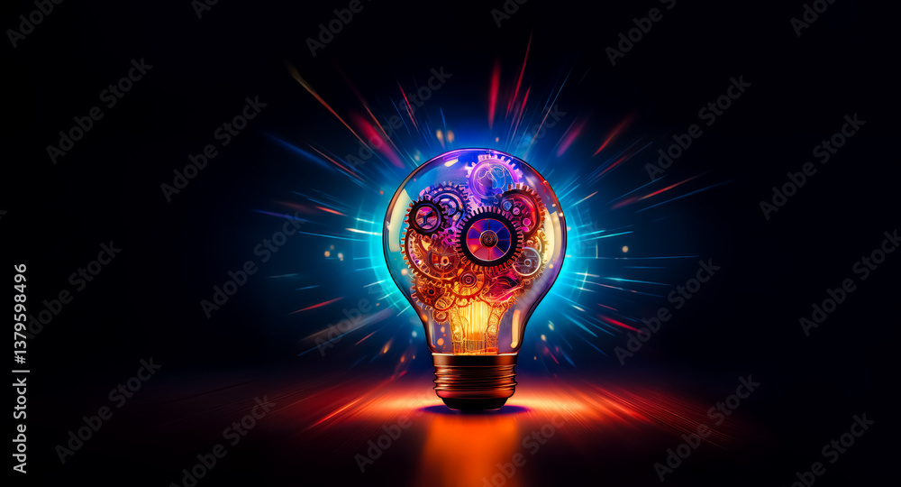 Poster illuminated light bulb filled with gears emitting vibrant rays. a symbol of innovative ideas and tec
