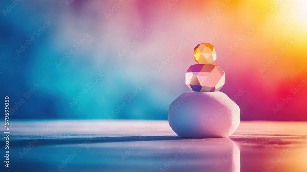 Poster glass shapes in various colors and sizes are arranged on white spheres, illuminated by a striking, c