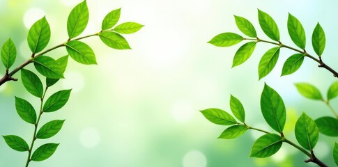 Long green branches with lush leaves on white background, leaves, greenery, nature