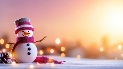 Obraz premium A cheerful snowman with a pink hat and scarf enjoys the sunset while sitting on a snowy surface, creating a warm winter atmosphere