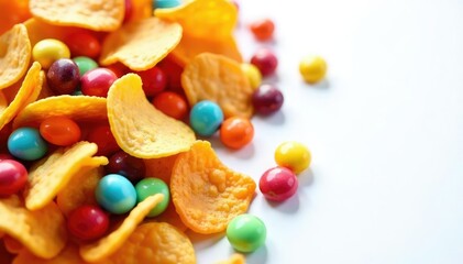 Pile of colorful candy, chips, and soda on white , sugar rush, unhealthy food