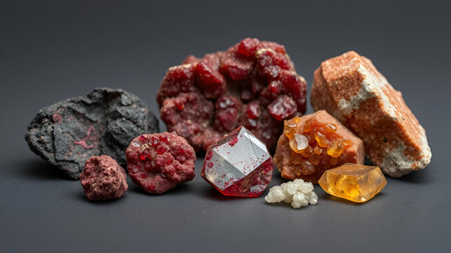 various samples of raw pyrope minerals isolated