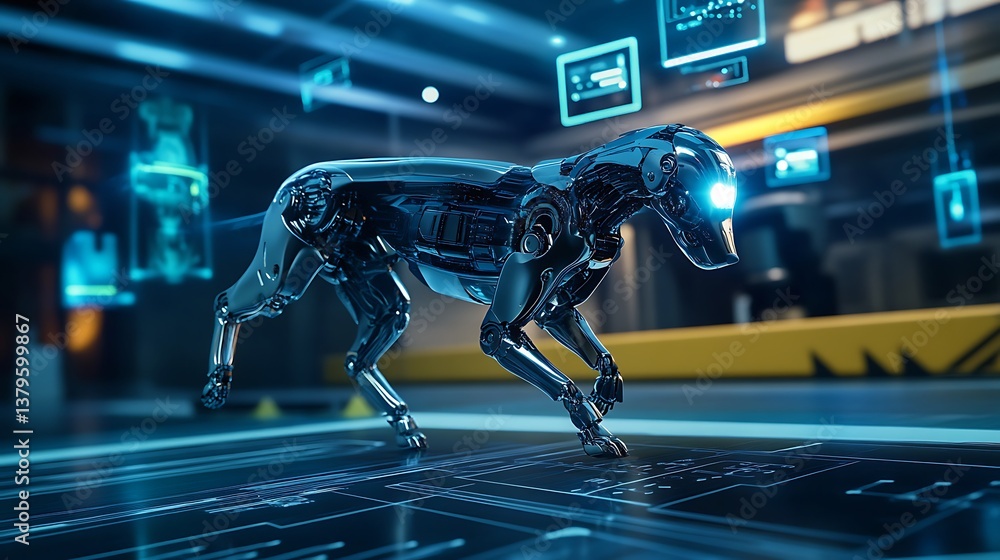 Poster a futuristic robotic dog with a sleek design in a high-tech environment featuring glowing screens an