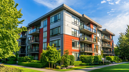 Modern Condominium Building Exterior with Balconies, Landscaping, and Blue Sky A Residential Urban Lifestyle in a Serene Environment
