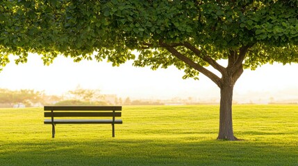 Fototapeta premium A serene bench under a large tree in a grassy field.