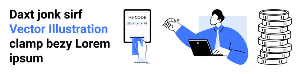 Hand entering data on a digital form, professional using tablet, stacked coins representing finances. Ideal for business, tax filing, finance, technology, mobile apps, startups simple landing page