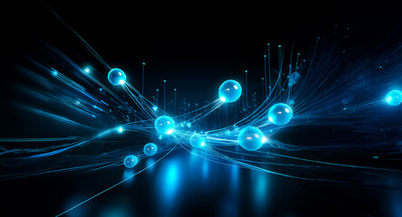 Futuristic network of glowing blue spheres interconnected by luminous lines against a dark backdrop, suggesting technology and connectivity.