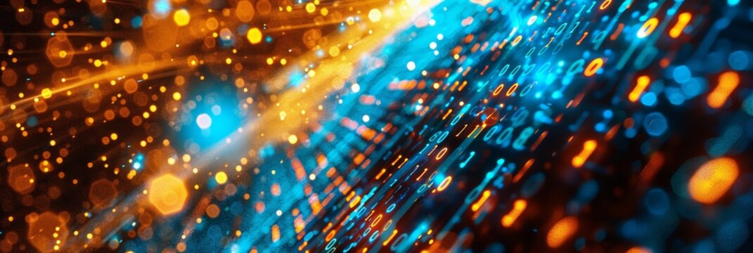 Data Stream - Abstract of binary code flowing, glowing in orange and blue, perfect for tech concepts