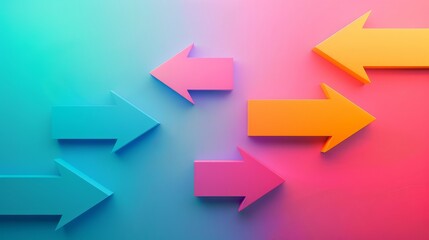 Divergent Paths Ahead - Symbolizing choice, direction, progress, opposition, and future possibilities. Arrows point in contrasting directions on a gradient background