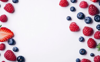 Fresh Berries on White Background Featuring Raspberries, Blueberries and Strawberry
