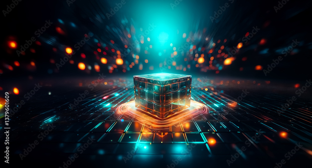 Poster abstract glowing cube in blue and orange dominates the scene. light particles and streaks emanate ar