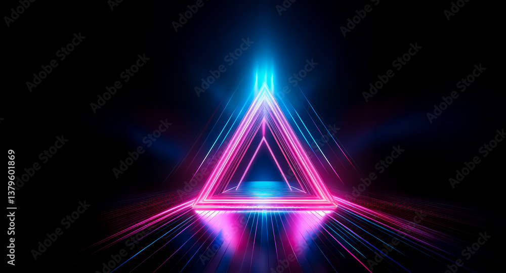Poster abstract neon triangle with pink and blue glowing lights on a dark background. light rays emanate fr