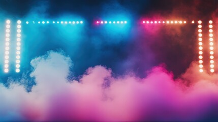 A vibrant display of colored stage lights illuminating fog, creating a dramatic and atmospheric backdrop for performances.