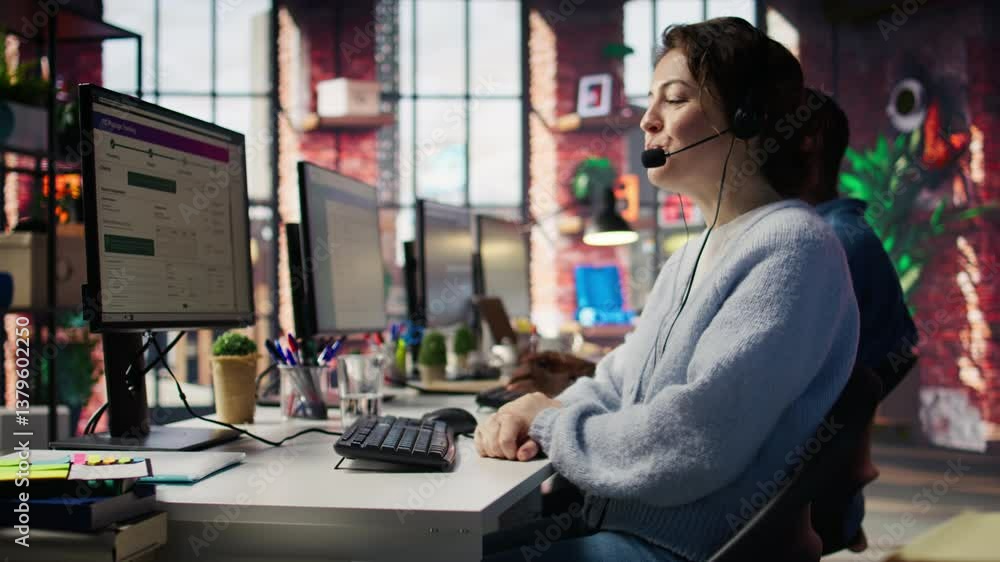 Poster happy call center agent in office helping customers by answering questions, solving issues. smiling 