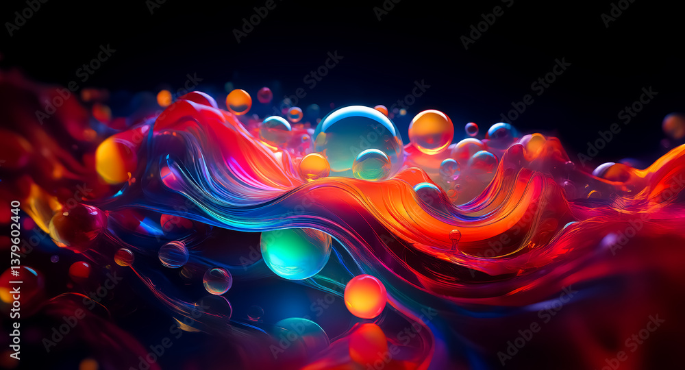 Poster vibrant spheres float over a swirling, colorful abstract background. the artwork presents a dynamic 