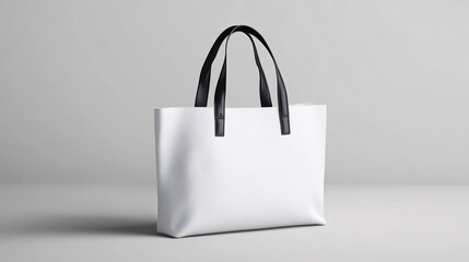 minimalist tote bag mockup featuring clean white design with subtle textures and contrasting black handles, perfect for showcasing modern style and functionality