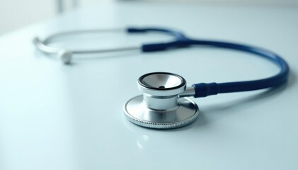 A stethoscope on a white table, symbolic of veterinary care, sterile, detail