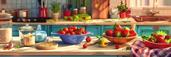 Kitchen Island Strawberry Baking Prep - A sunlit kitchen scene, showcasing fresh strawberries, baking ingredients, and a rustic kitchen island, symbolizing home baking, fresh ingredients