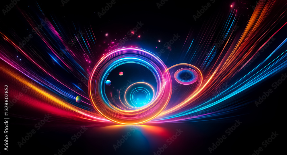 Poster vibrant glowing circles and lines burst forth on a dark backdrop, radiating neon hues. abstract stre
