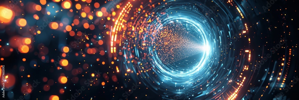 Poster luminous quantum tunnel - abstract of a swirling tunnel filled with bright lights and particles, evo