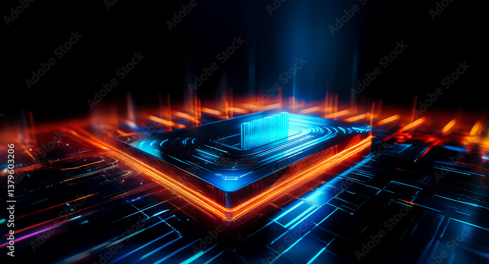 Aufkleber glowing square chip with blue and orange lights on a dark background. abstract technology representa