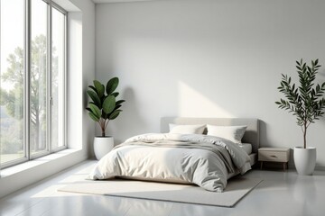 Serene Minimalist Bedroom Design Featuring a Plush Bed, Natural Light, and Lush Greenery