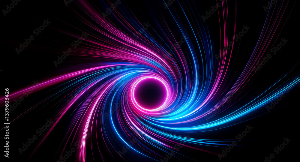 Poster vibrant pink and blue light streaks spiral inward on a dark backdrop, creating a dynamic and futuris