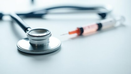 Close-up of stethoscope & syringe on white background, veterinary theme, vet tools, healthcare, injection